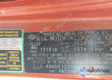 2008 Kia Rio Lx z USA, uszkodzony, nr VIN KNADE123586329508